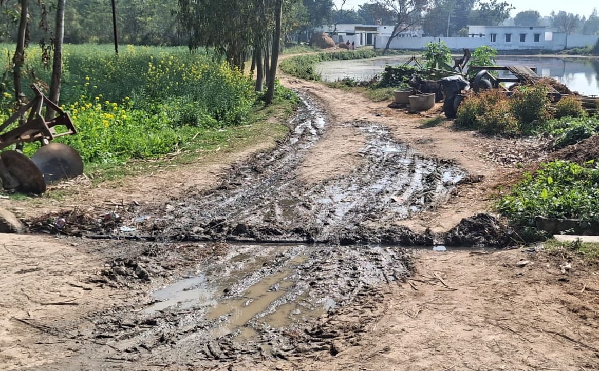 The road from Shivpuri to the council school is in bad condition, children walk through mud.