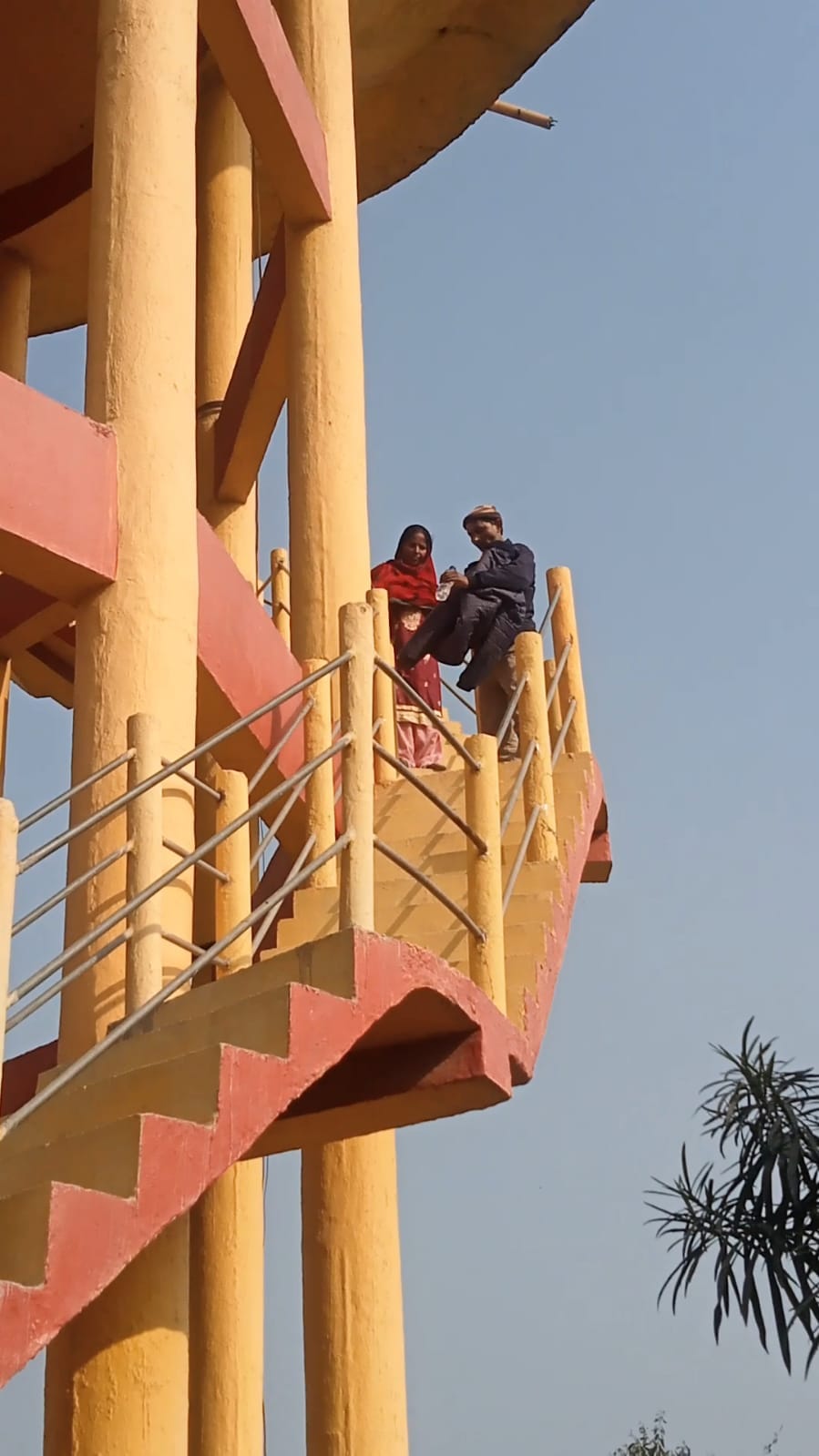 Angered by the lack of action against the pickup theft, the couple climbed onto a water tank.