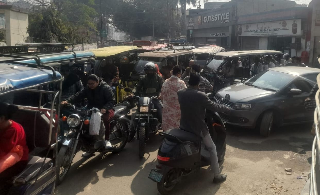 Vehicles stuck in traffic jam during road construction