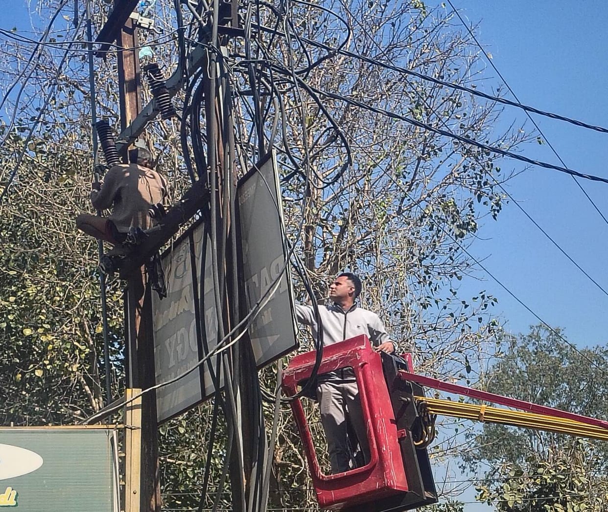 An employee tries to bring down a half-insane man who has climbed an electric pole near the powerhouse in Bachhrawan town.