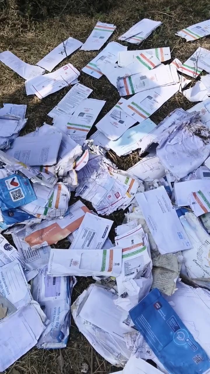 तालाब किनारे बिखरे आधार कार्ड और अन्य दस्तावेज