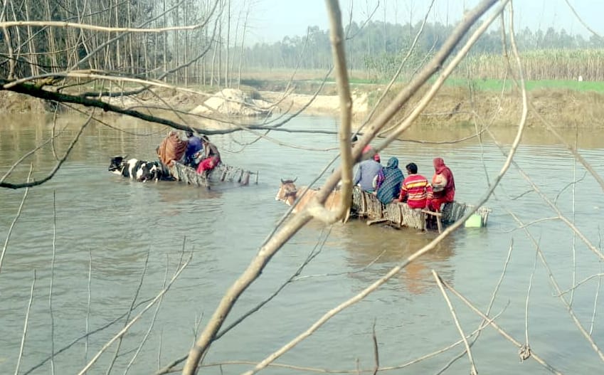 Villagers risk their lives crossing the Ramganga to reach their farms