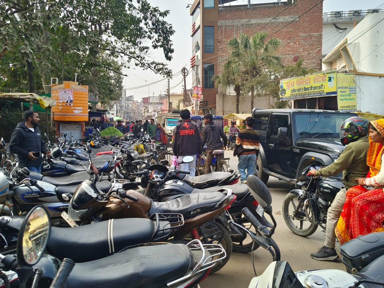 Bikes parked on the road in Amethi town.