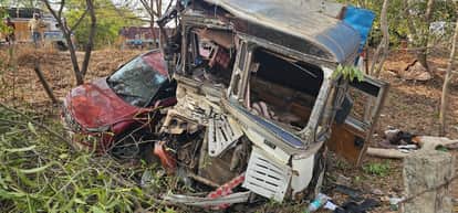 A car collided with a roadside tree, ramming a parked car, killing one and injuring six.