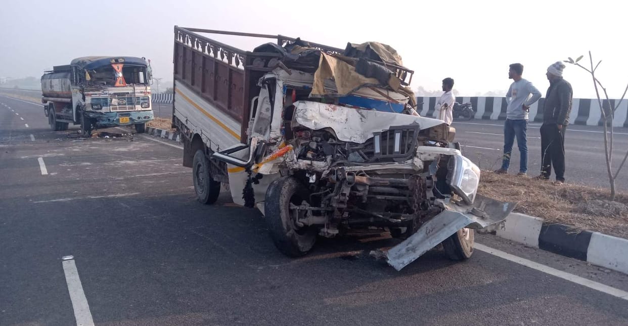 Tanker and pickup collide, driver trapped in cabin rescued with JCB