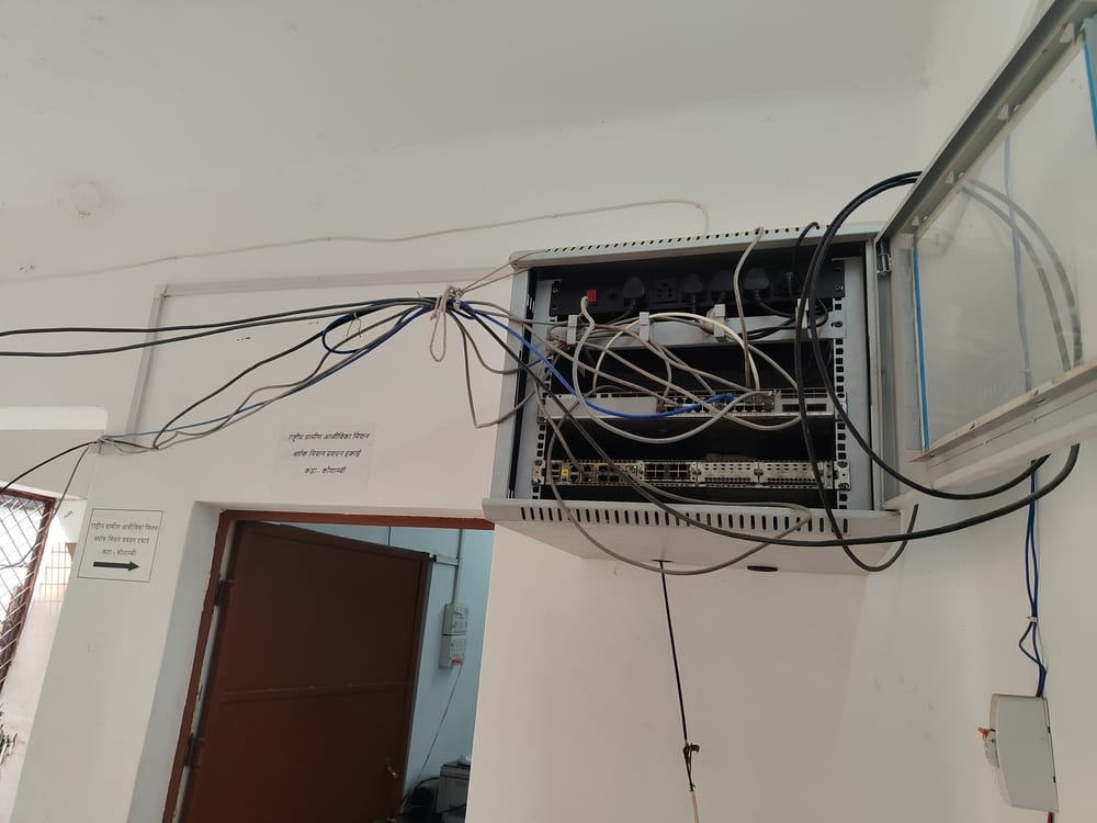 A network of electric wires in the block office, risk of accident