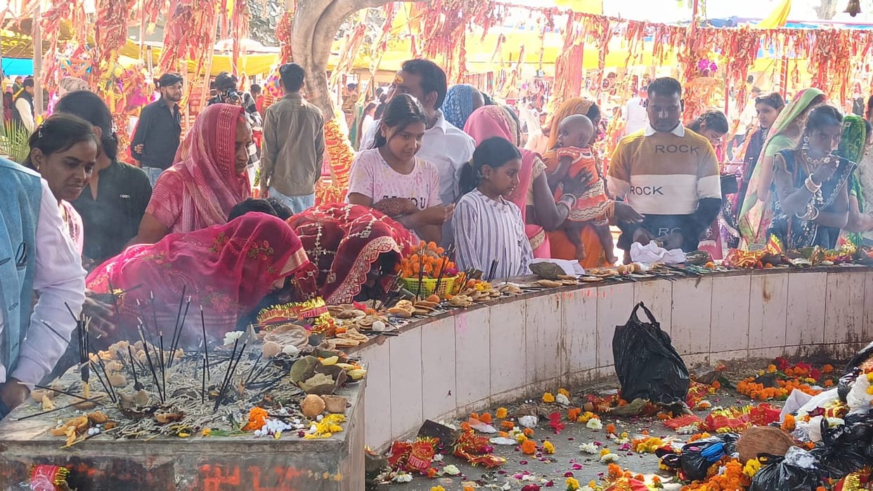 Crowds gathered at the weekly fair at Shiv Baba Dham