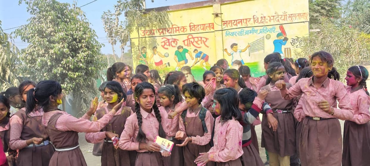 Children played Holi with colours and gulal in schools