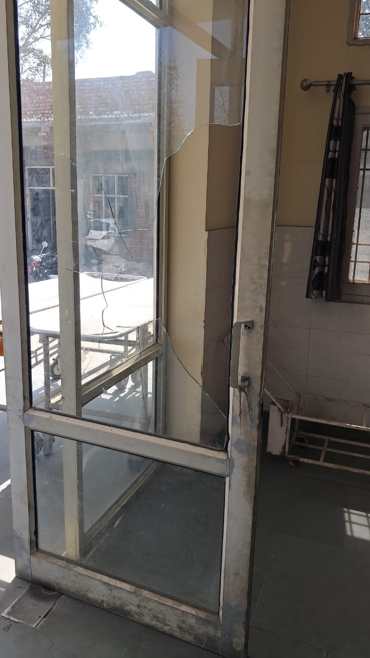Bricks and stones were thrown at the community center, breaking the emergency room door.