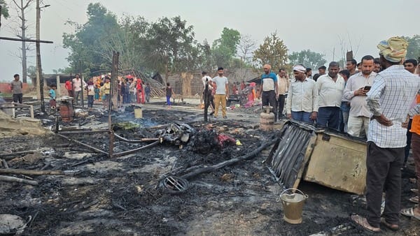 Six huts were gutted in the fire, and a cylinder explosion caused panic