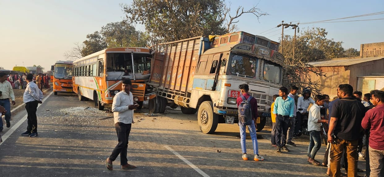 Roadways bus collided with a truck parked on the highway, another bus collided from behind, many passengers injured