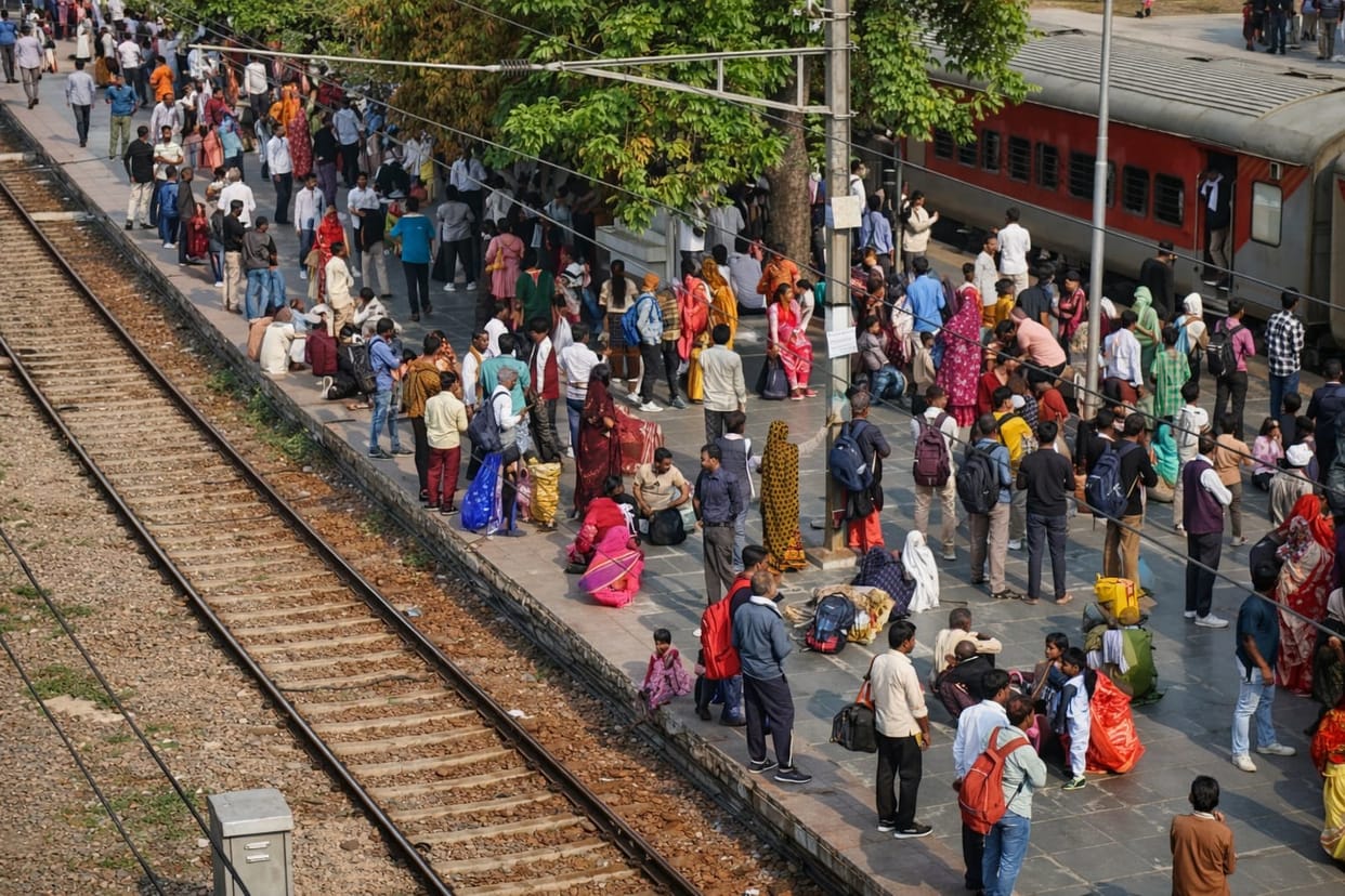 Crowds in trains after festivals, pushing and shoving to board