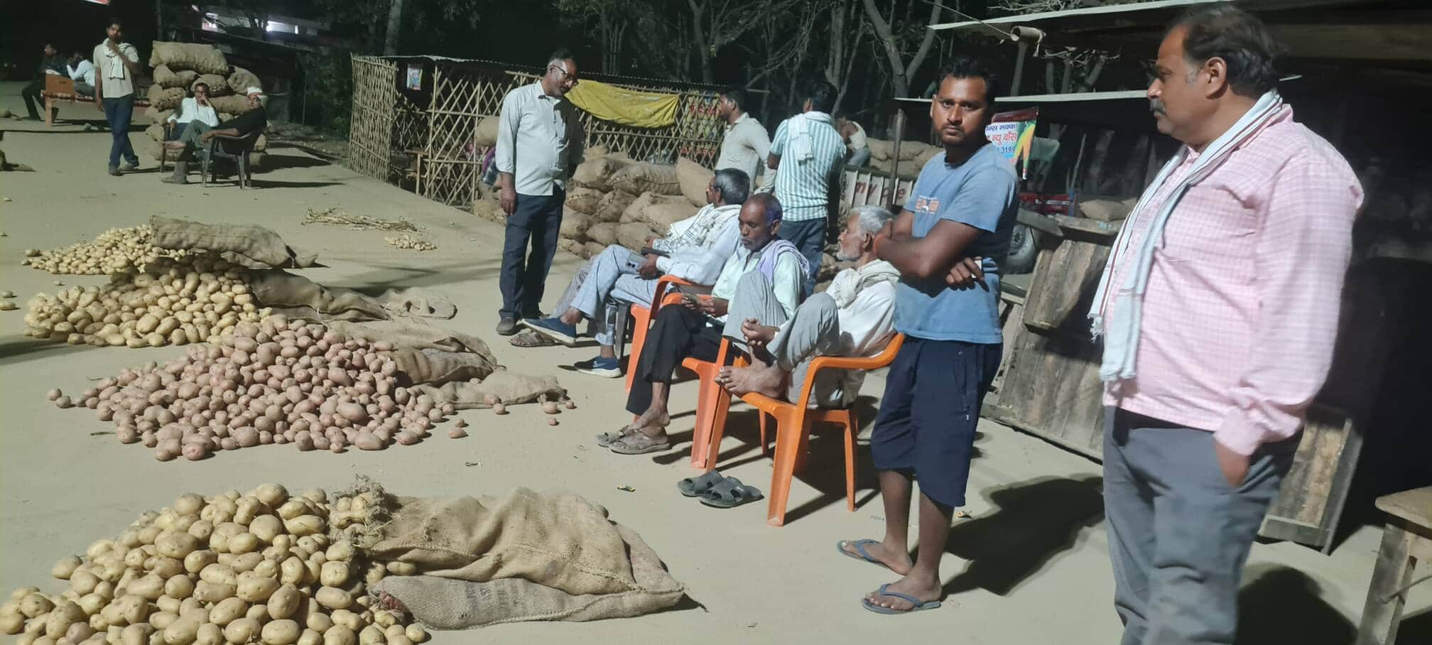 फोटो-30, कमालगंज की मंडी में बिक्री के लिए नमूना के रूप में लगे आलू के ढेर, मौजूद किसान। संवाद