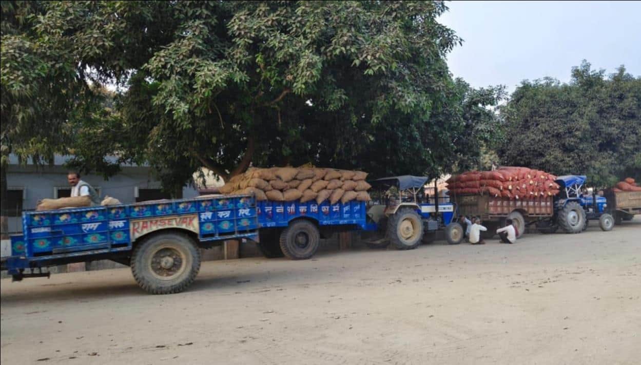 फोटो-25 सातनपुर मंडी में दूसरे दिन भी आलू न बिकने से खड़ी ट्रालियां। संवाद