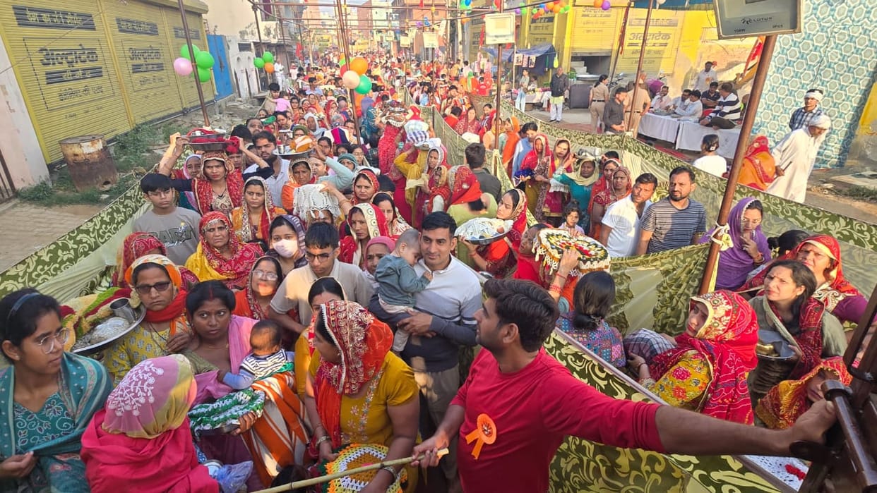 Crowds of devotees gathered at Shri Buddha Mata Temple
