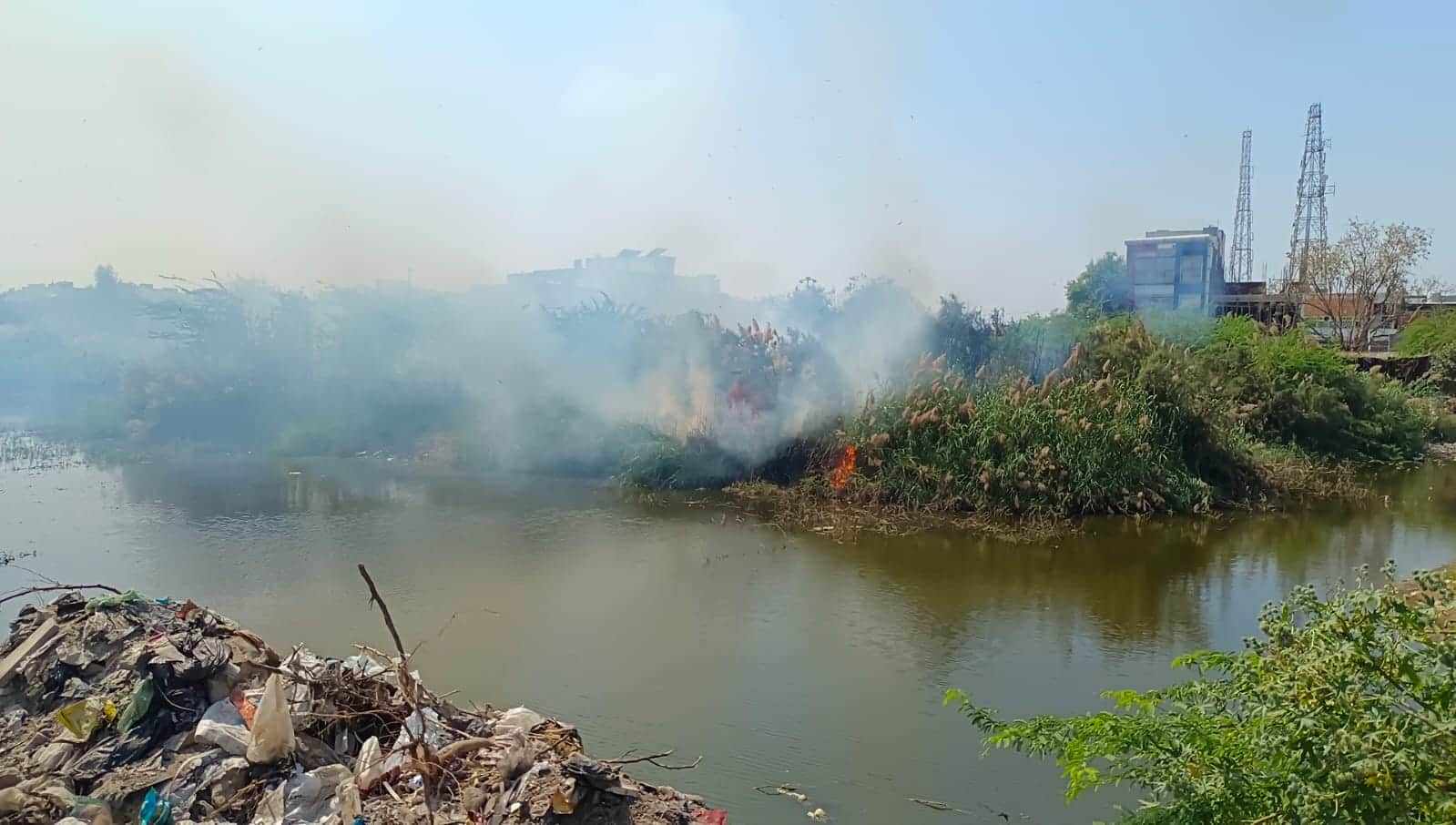 झाड़ियों में लगी आग से उठते धुएं के गुबार।