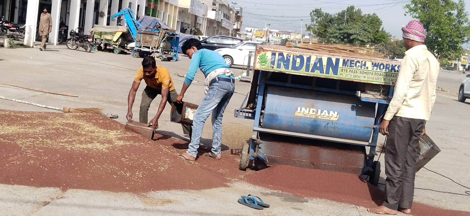 कुरुक्षेत्र। थानेसर अनाजमंडी में आई सरसों की ढेरी की सफाई करते मजदूर। संवाद 