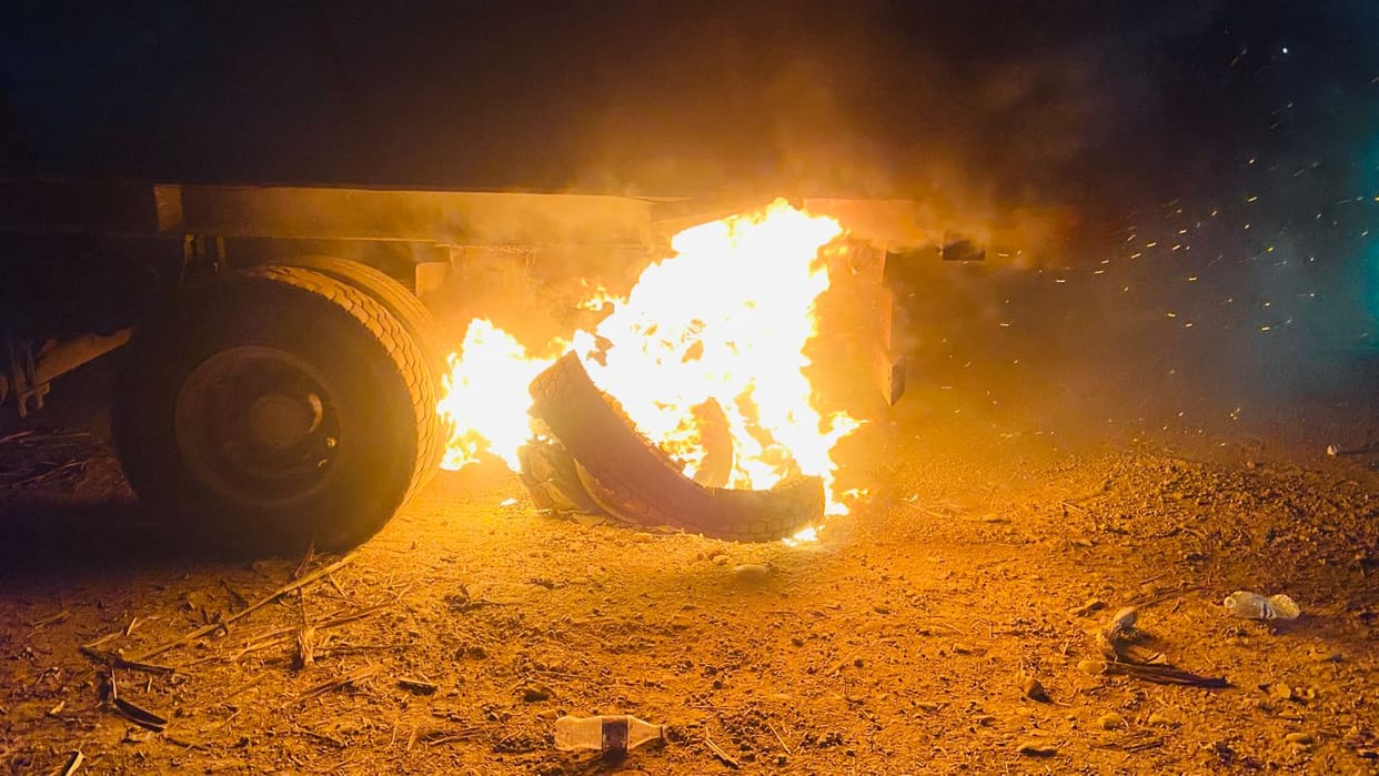 A trolley tyre caught fire on a highway
