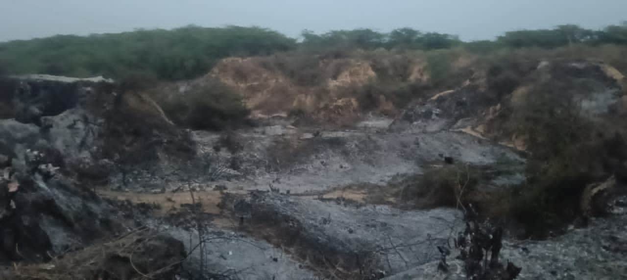 बुढे़रा के बीहड़ में लगी आग।