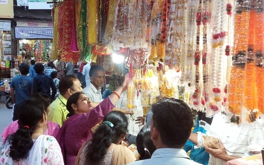 Markets decorated for Chaitra Navratri, bustling with customers