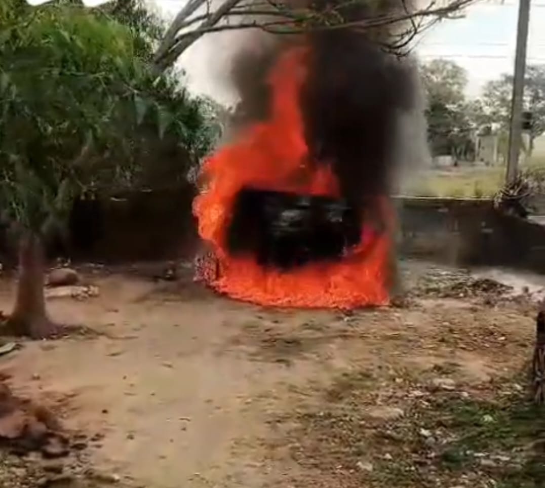 A car parked near the Durga Chowk underpass caught fire