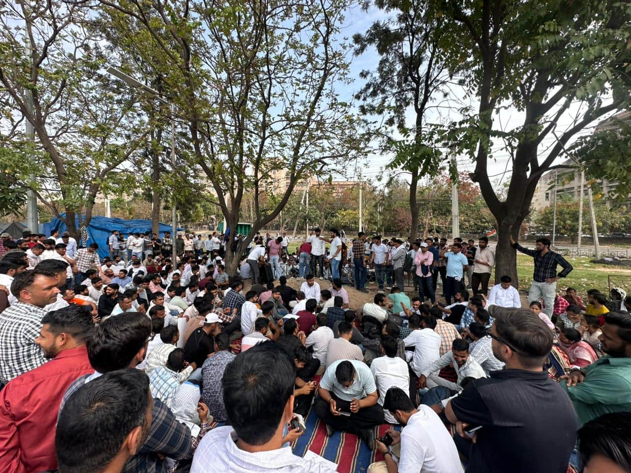 पंचकूला के सेक्टर पांच में धरने पर बैठे प्रशिक्षु पटवारी। प्रवक्ता