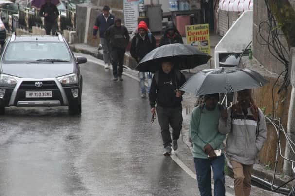 धर्मशाला में वीरवार शामका बारिश के दौरान छाता लिए घर को लौटे हुए लोग। अमर उजाला