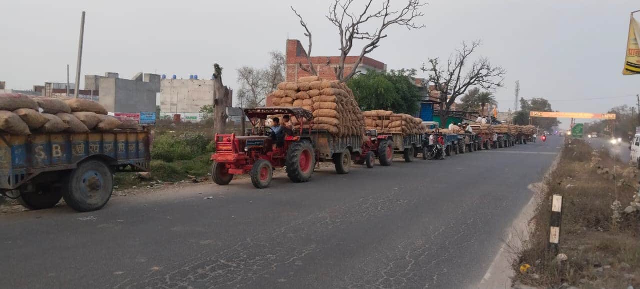 फोटो 23 कासगंज में एक कोल्ड के बाहर खडे आलू लदे वाहन। स्रोत: संवाद