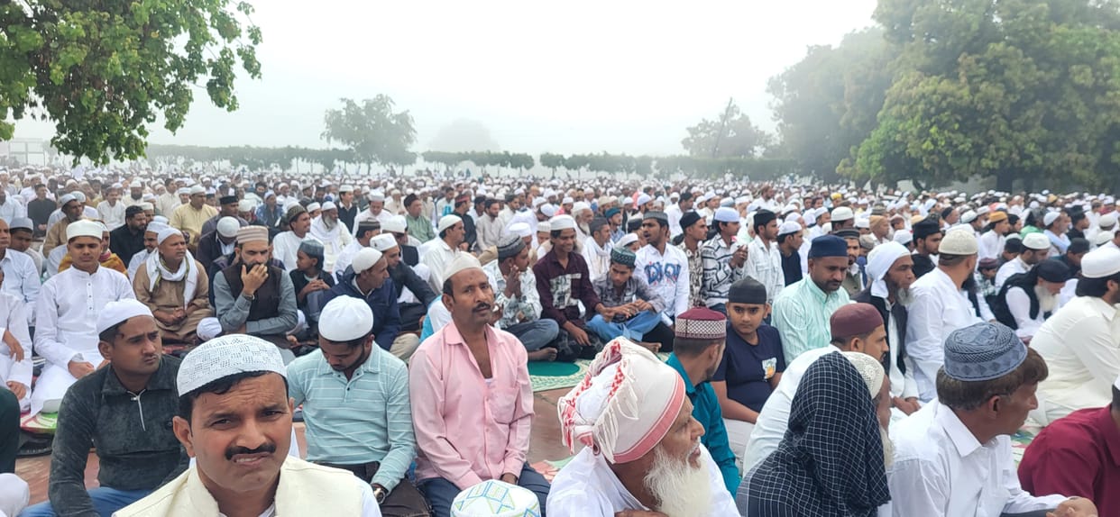 Thousands of hands were raised in prayer at the Eidgah.