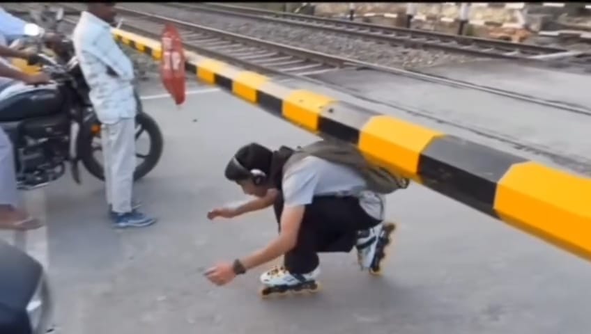 Life on the Line: Student Crosses Railway Crossing While Skating, Lands in Deep Trouble