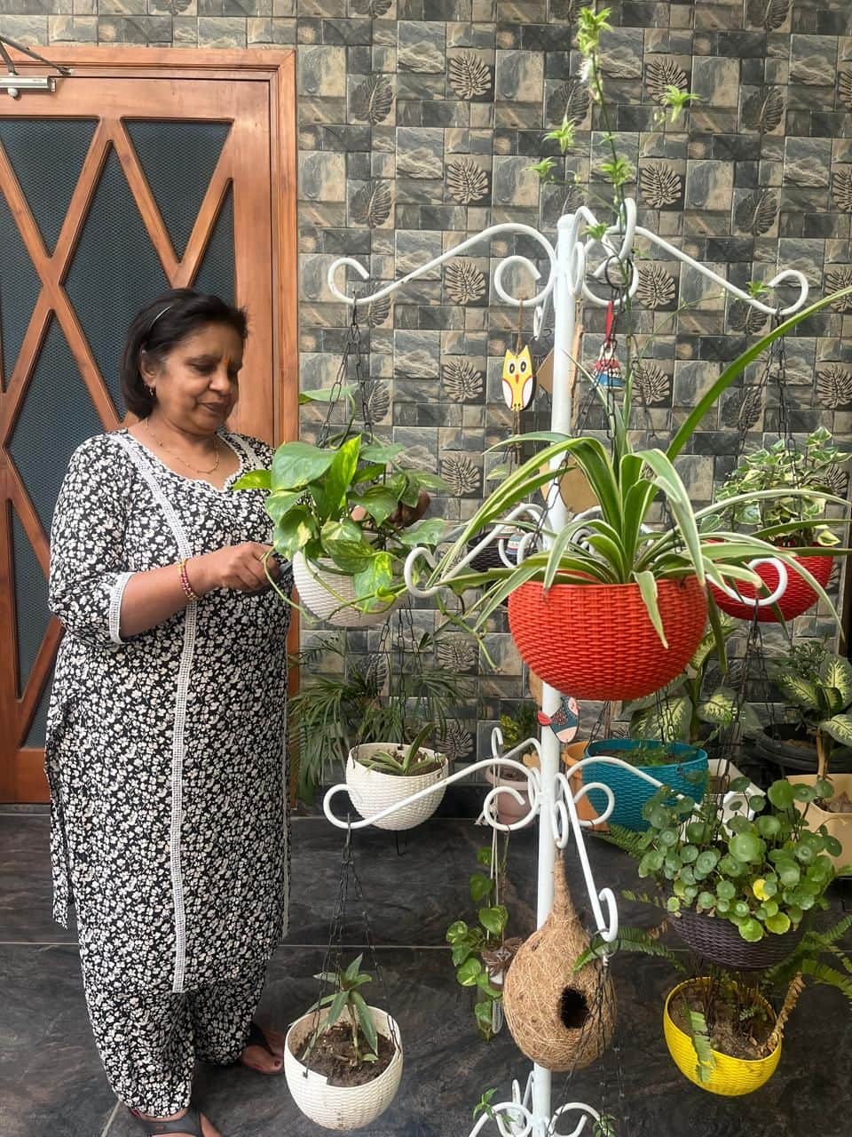 22जेएनडी04: वंदना गुप्ता अपने घर में लगाए पौधों की देखभाल करते हुए। संवाद