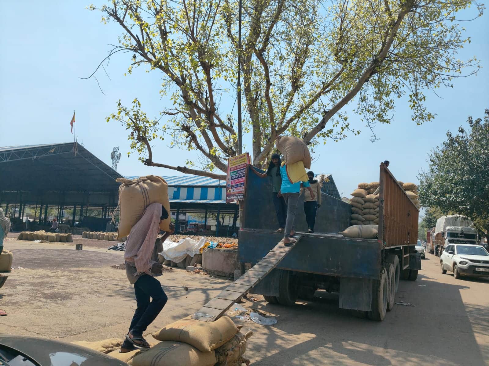 अनाज मंडी में फसल का उठान करते श्रमिक। संवाद