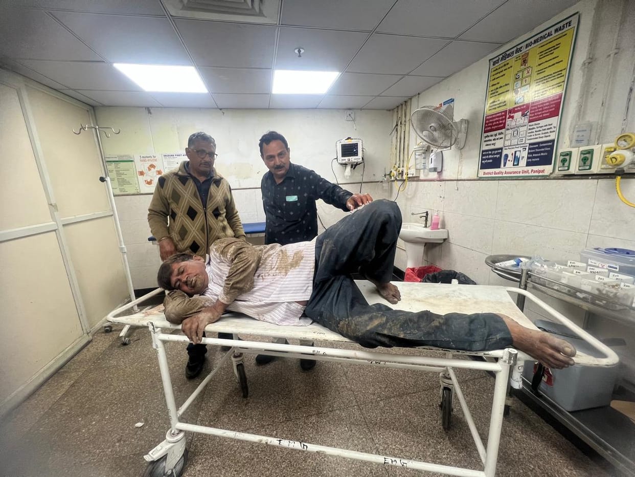A man fell into an open drain, and an exposed iron rod pierced his leg.