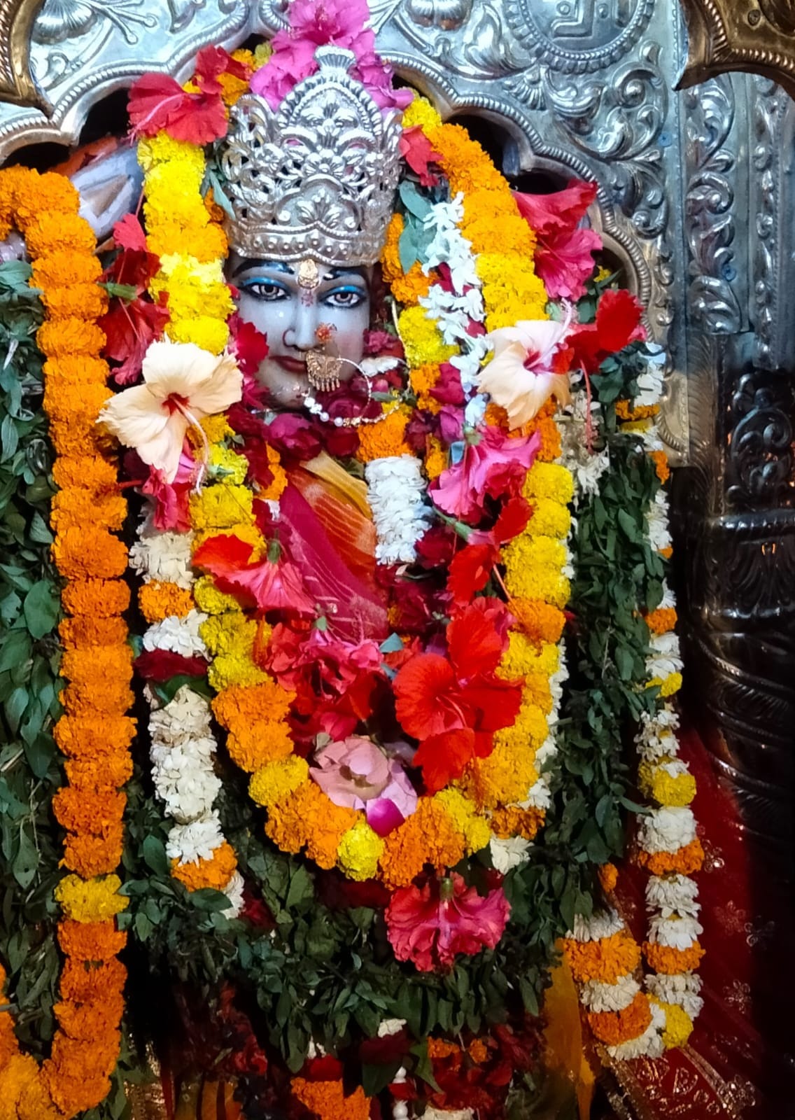 The form of Goddess Skandamata was adorned with a decoration made of mixed dry fruits, and an offering of banana was made.