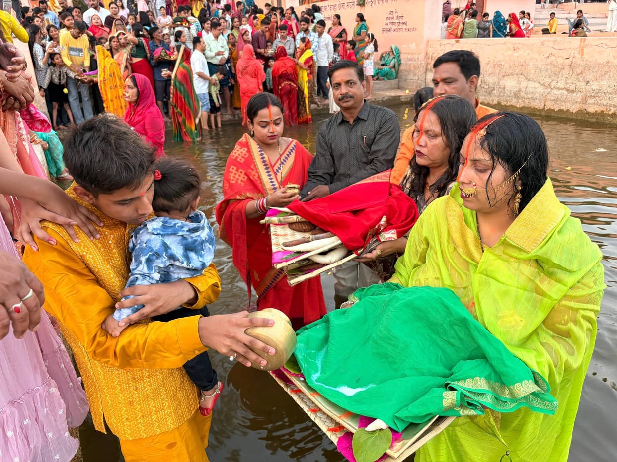 Offerings made to the setting sun on Chaiti Chhath.