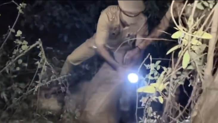 झाड़ियों में सरकारी अनाज की बोरियां ढूढंते पुलिसकर्मी। स्रोत वीडियो ग्रैब