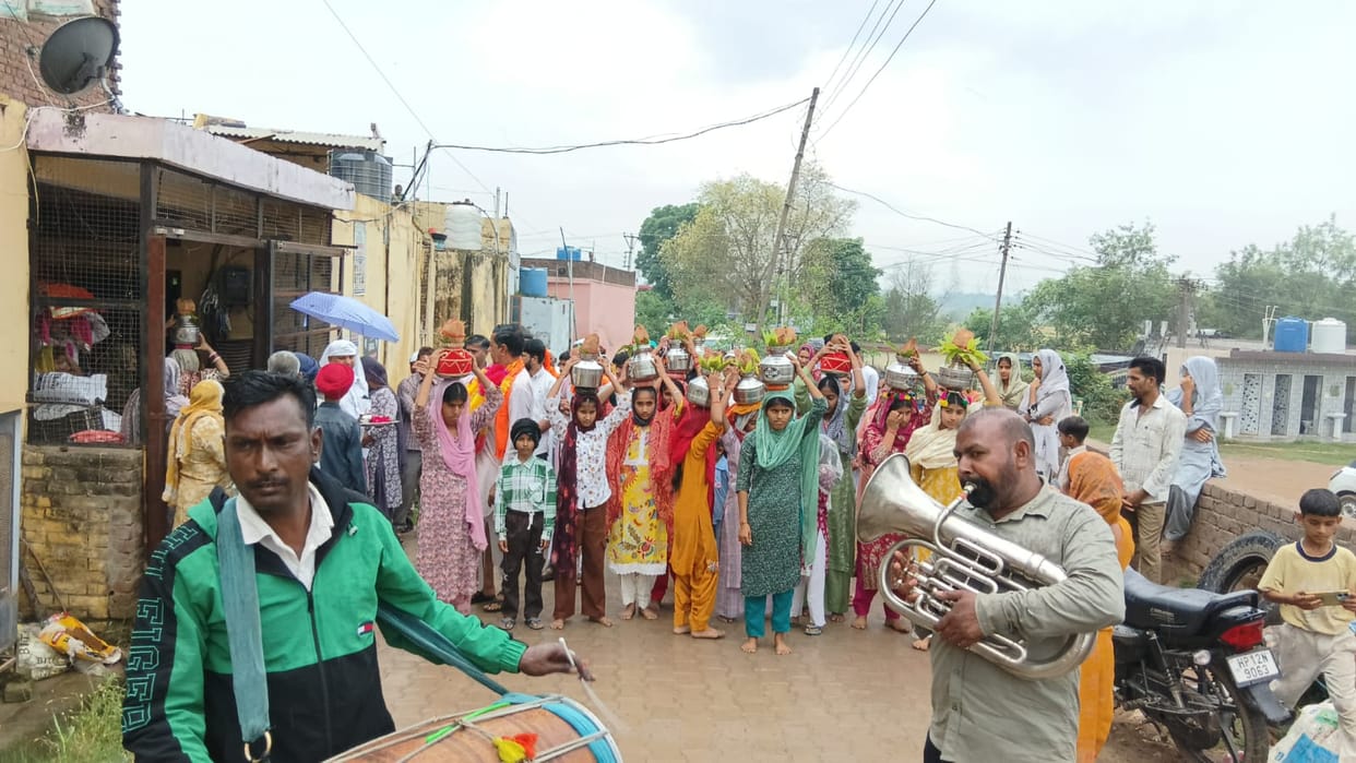 Shrimad Bhagwat Katha begins with Kalash Yatra in Basot village