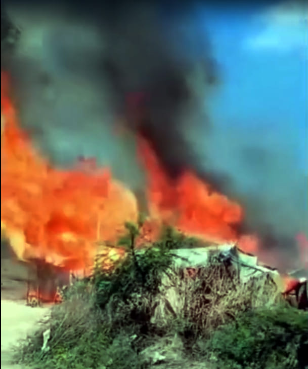 Three huts and goods worth Rs 5 lakh destroyed in the fire.