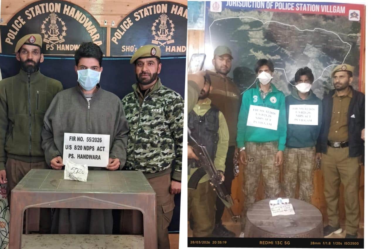 कुपवाड़ा के हंदवाड़ा में पकड़े ड्रग तस्करी के आरोपी। स्रोत पुलिस