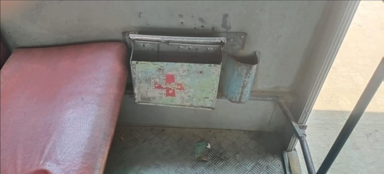 First-aid boxes in roadways buses bottles are full in some empty in others