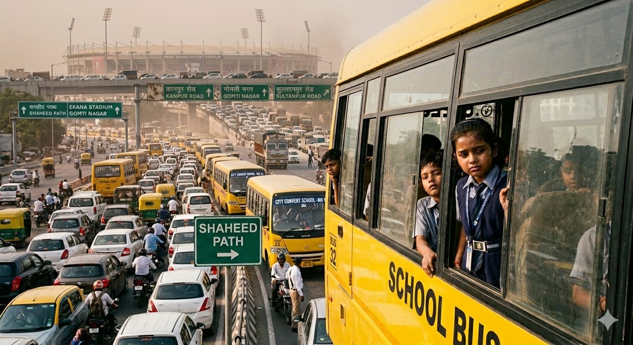 Before the noise of the stadium, children struggle with traffic jams on school buses.