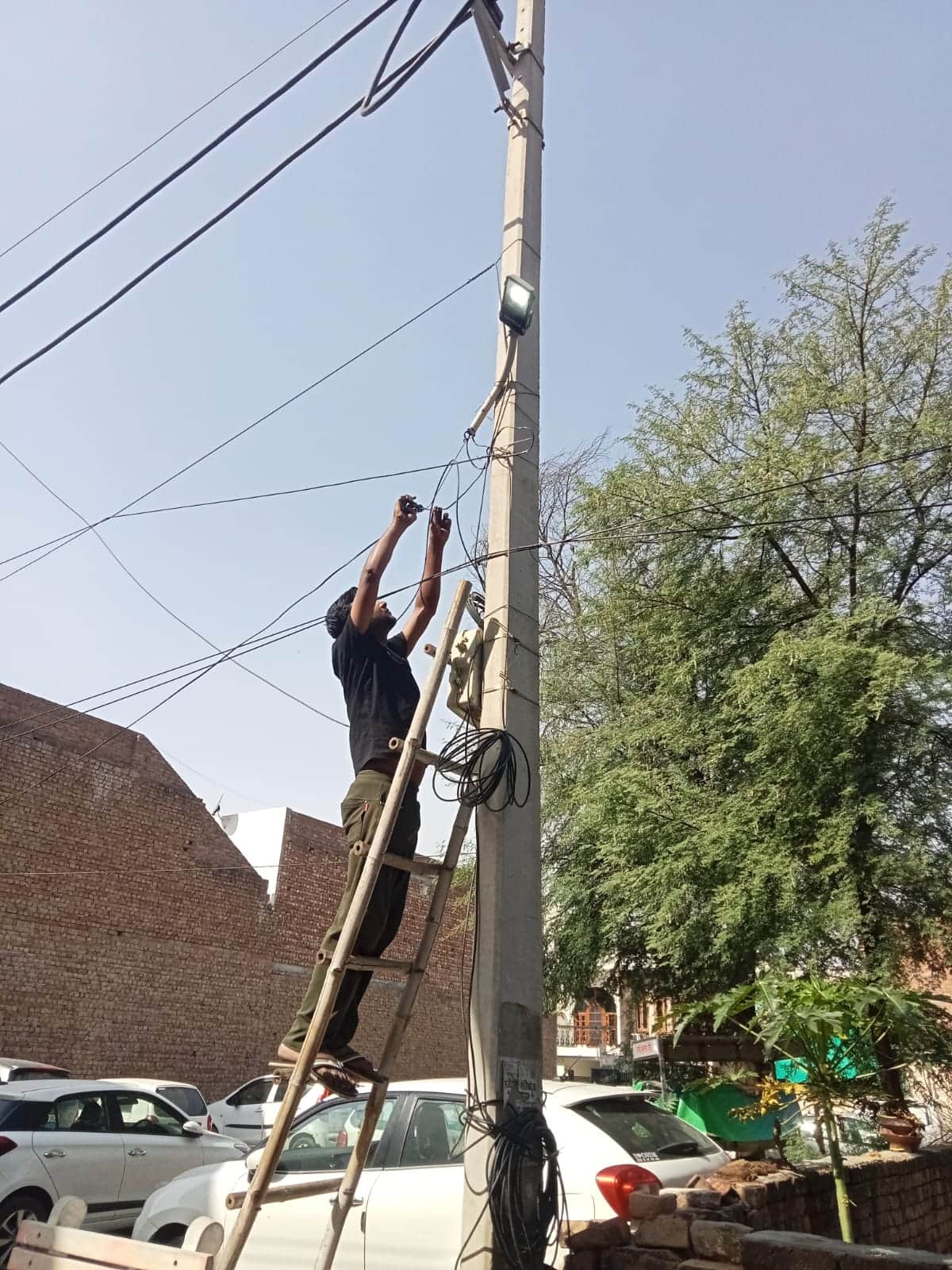 फतेहाबाद में स्ट्रीट लाइटों को ठीक करते हुए कर्मचारी स्त्रोत नगर परिषद