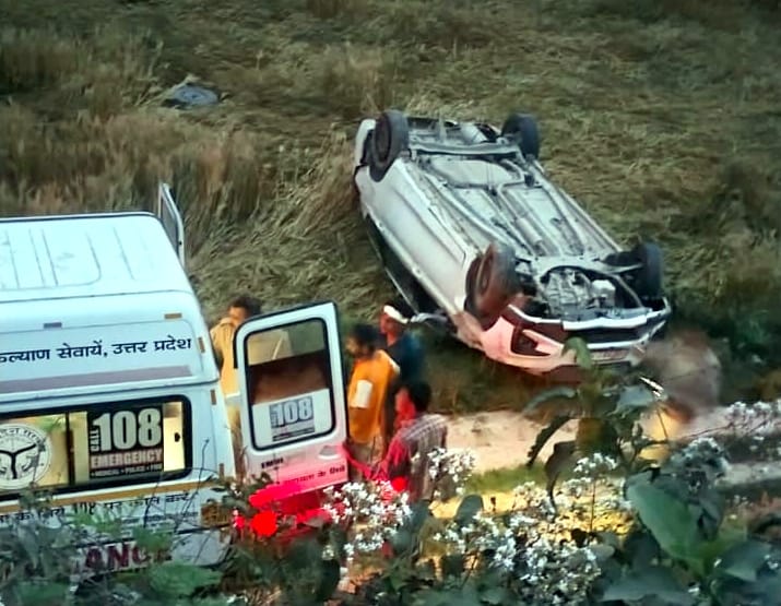 Seven injured as car overturns in ditch due to driver dozing off
