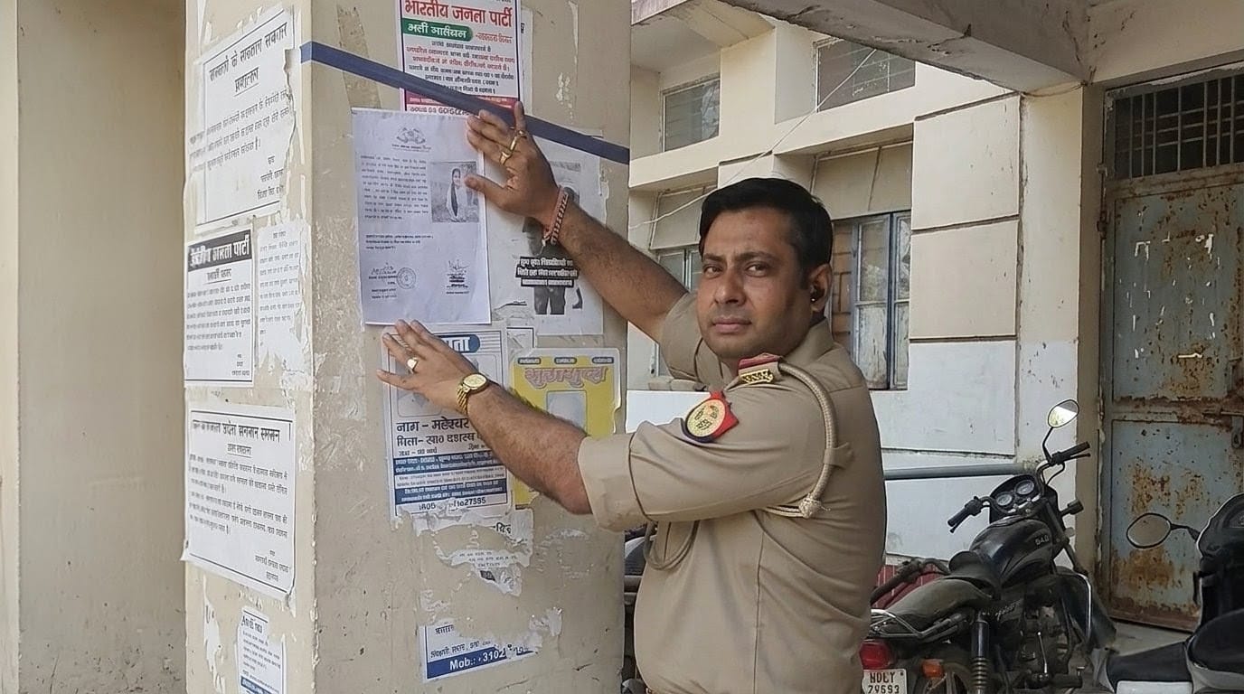 सदर थाने की दीवार पर पोस्टर चिपकाती यूपी पुलिस
