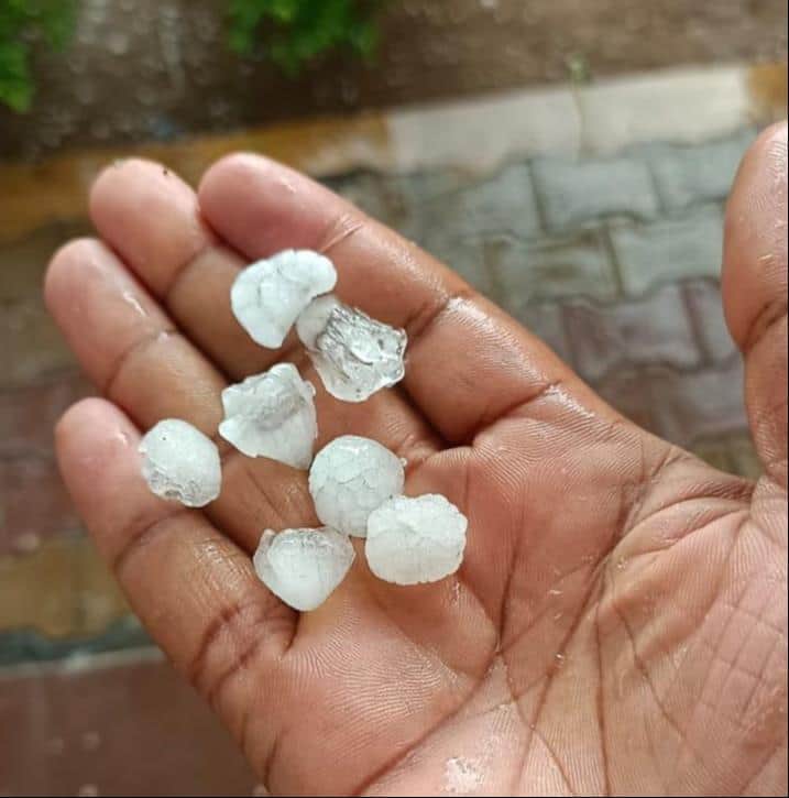 सृकृत क्षेत्र में बारिश के साथ गिरे ओला को हथेली पर लेकर दिखाता युवक। स्रोत जागरूक पाठक