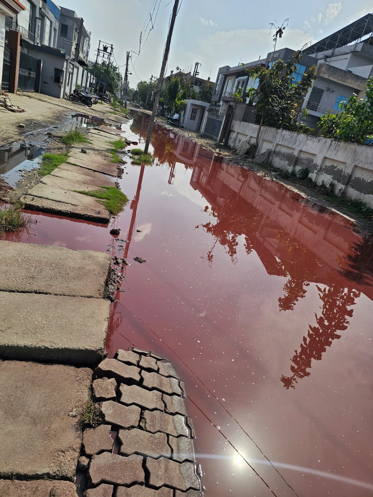 The chemical-laden water from the dye house came onto the road, making it difficult to get out.
