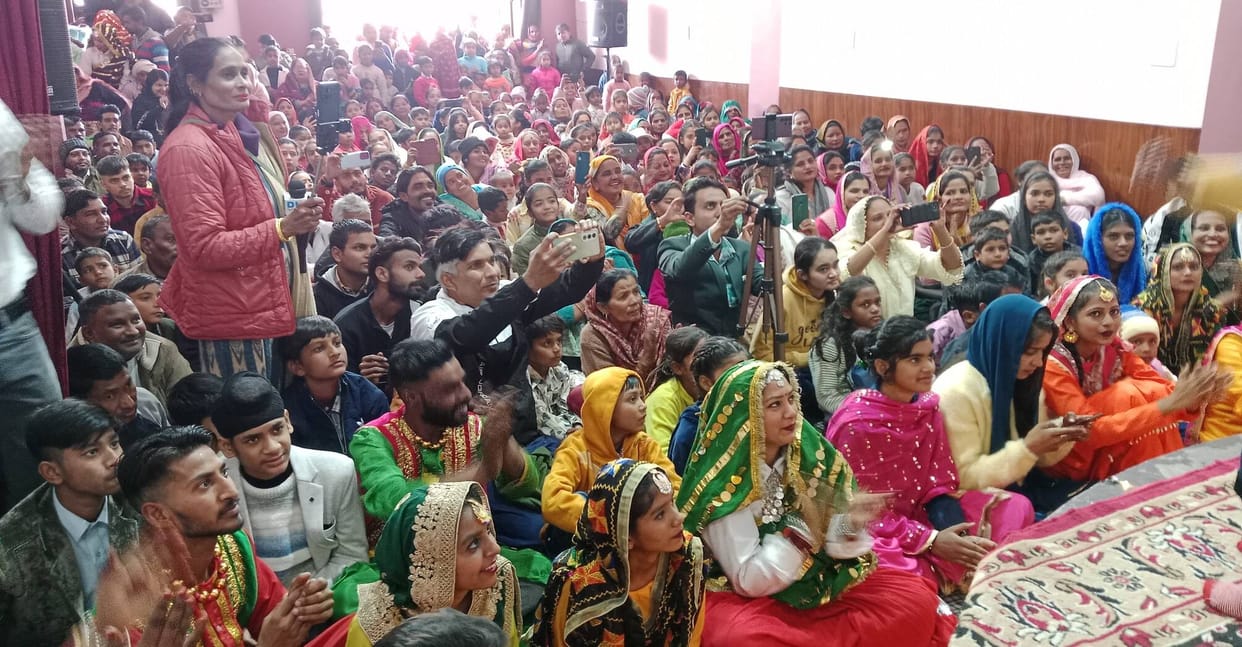 Christian community gathered in the church with the spirit of world peace and welfare of all.