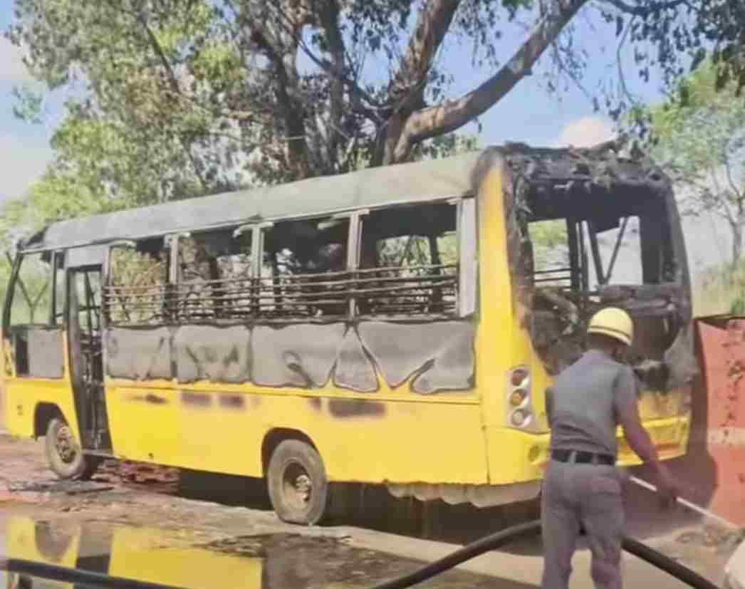 A fire broke out in a school bus parked in the New Auto Market, shopkeepers said - intoxicated youths sitting in the bus set it on fire