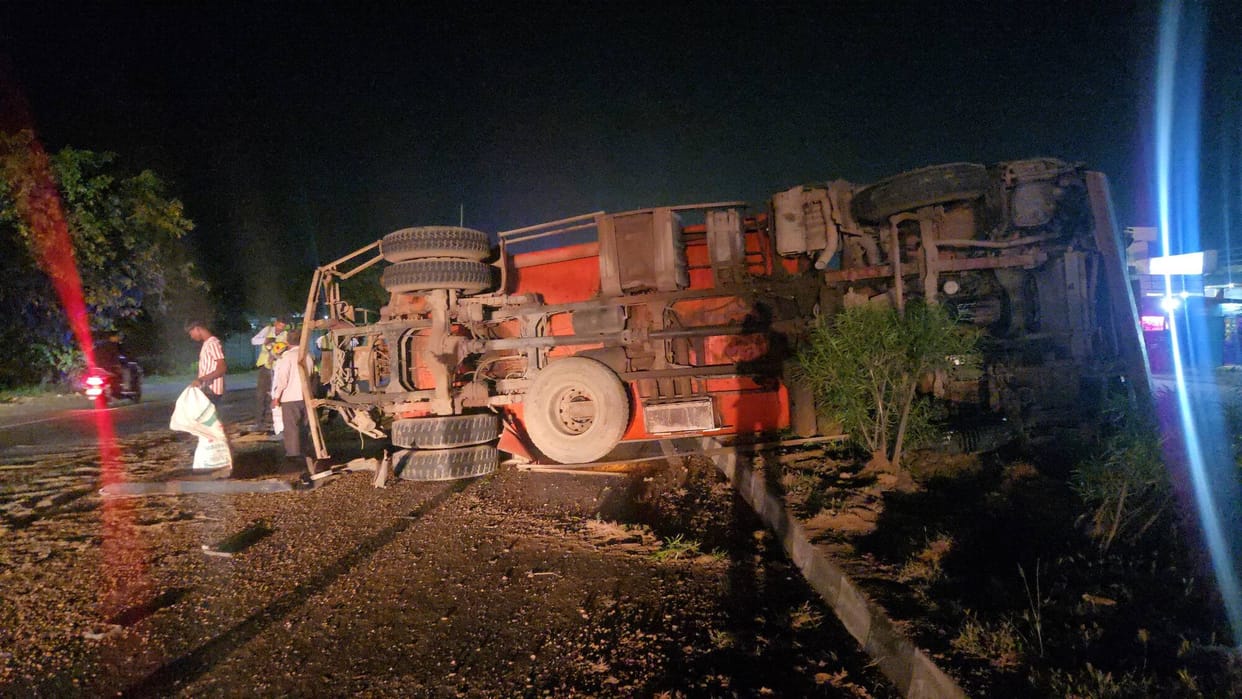 Tanker overturned after collision with truck, driver injured