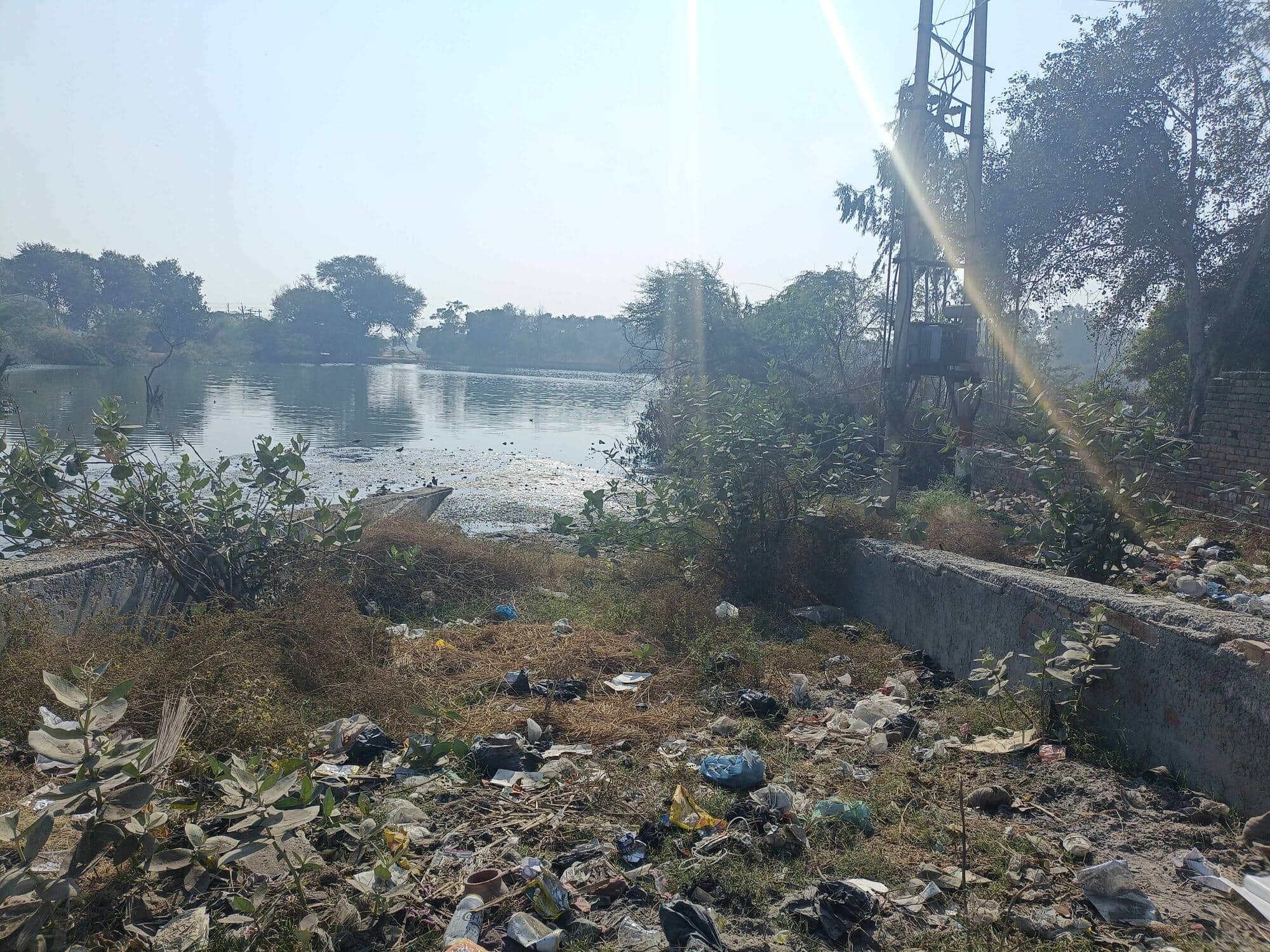 प्योदा में तालाब के घाट पर गंदगी व आस पास मौजूद गंदा पानी।